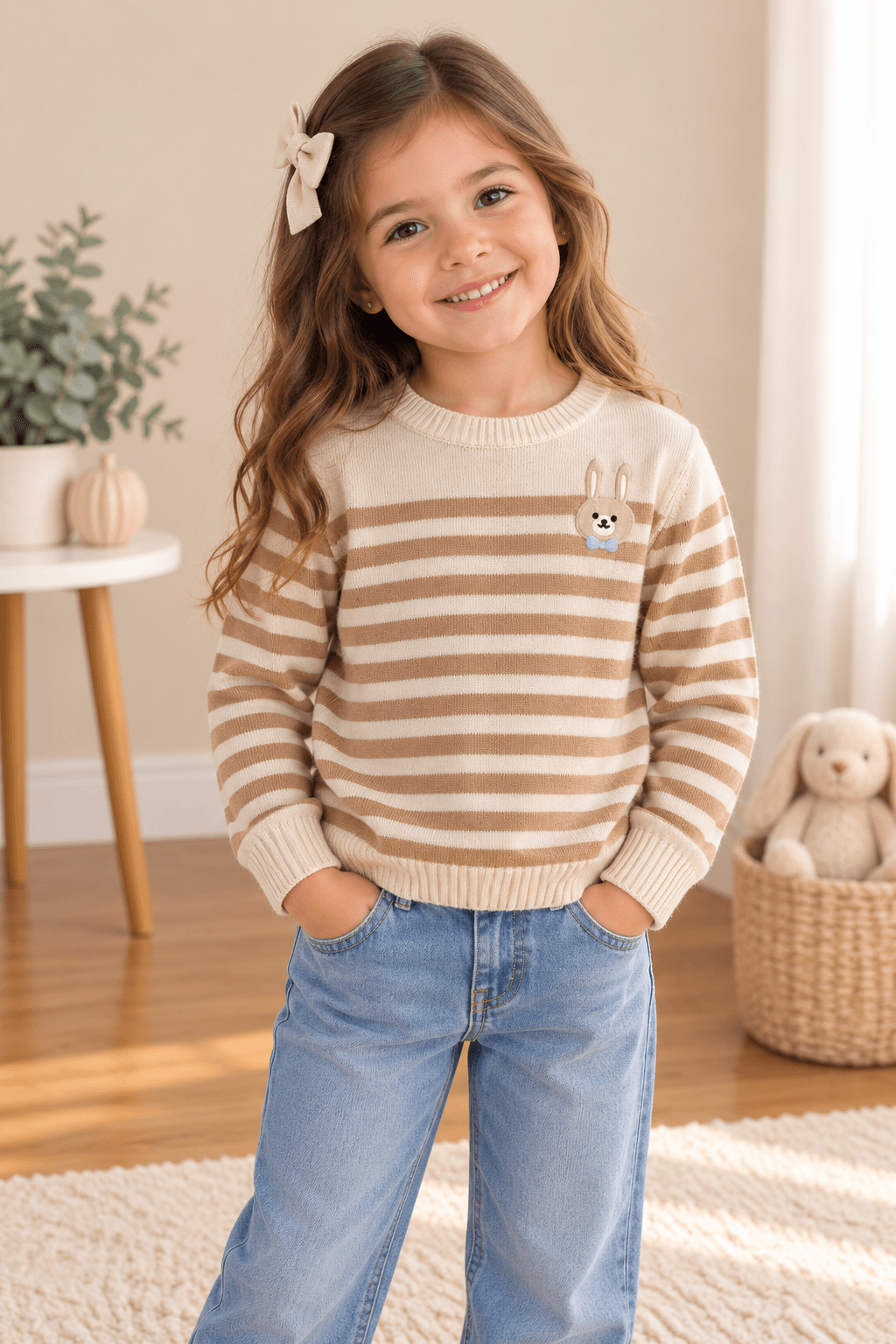Suéter tejido de rayas con conejito, talla 5T, Multicolor